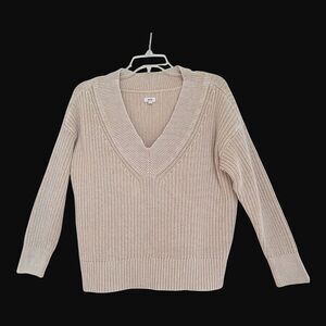 Aerie V-Neck Pullover Cotton Sweater Baggy Small Sandlewood Neutral Chunky Knit